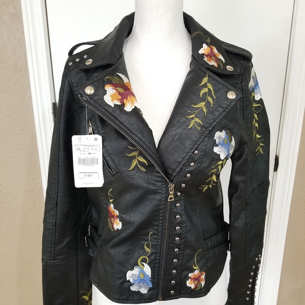 Embroidered faux leather jacket
